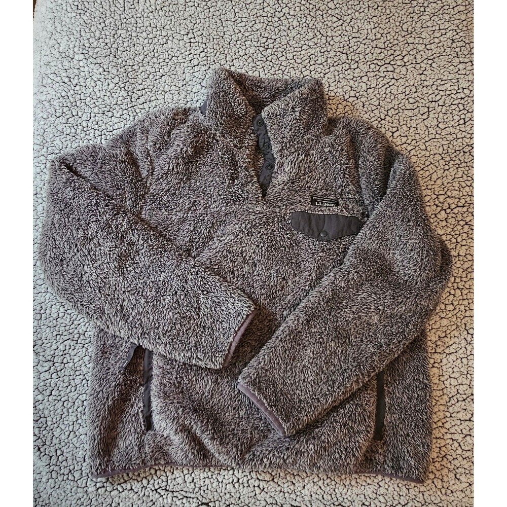 L.L. Bean Womens Medium Petite High Pile Fleece Snap Pullover Sweater Grey